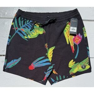 ROARK Shorey Macaw - Men's Parrot Black Board Shorts Swim Trunks - Small - NWT‎